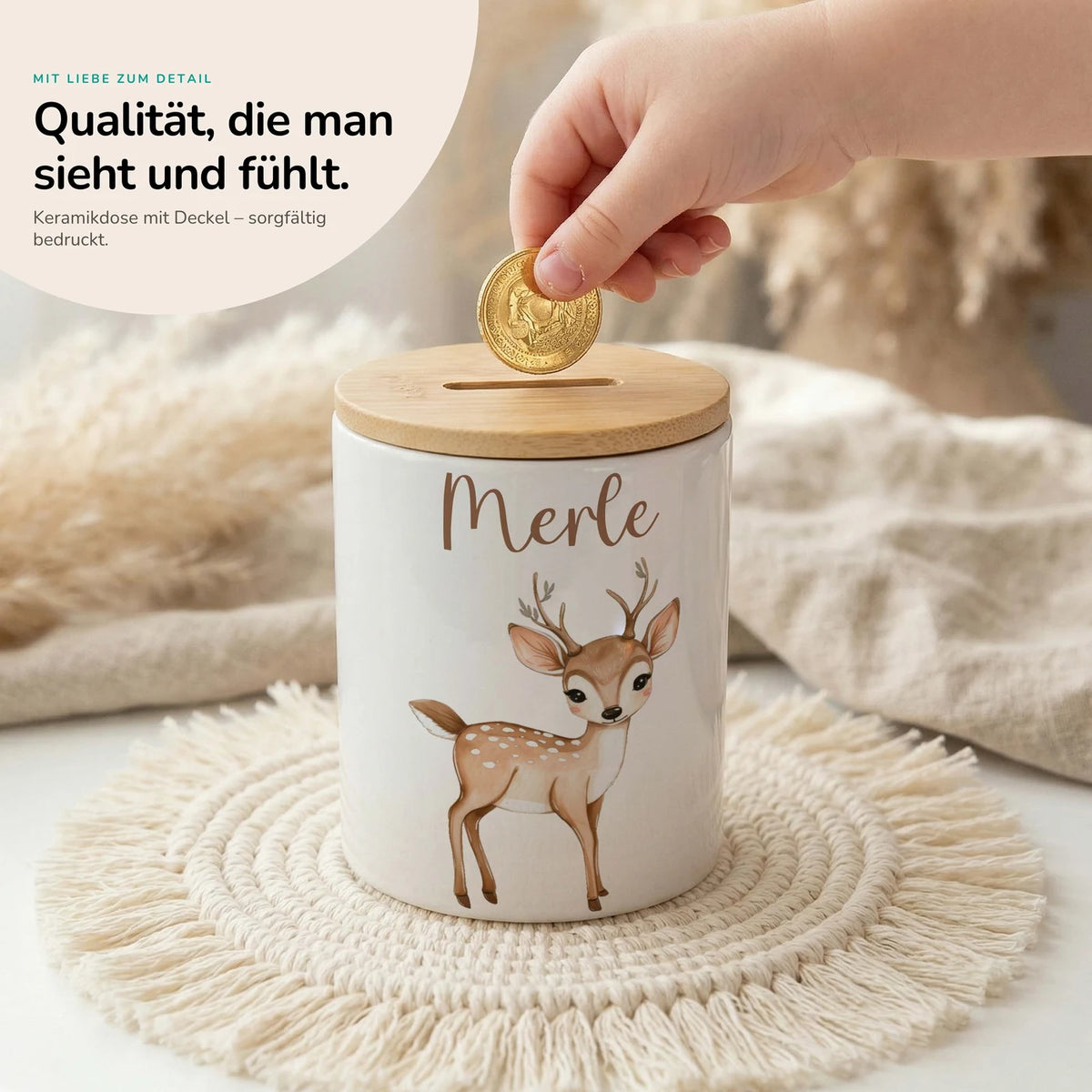 Personalisierte Spardose Rehkitz Bambi – Keramik & Bambus mit Wunschname