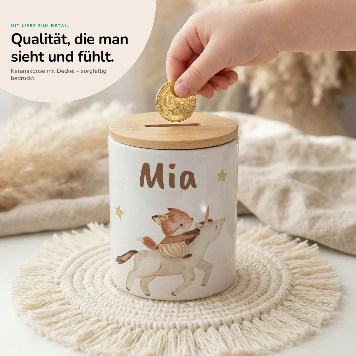 Personalisierte Spardose Fuchs & Einhorn – Keramik & Bambus mit Wunschname