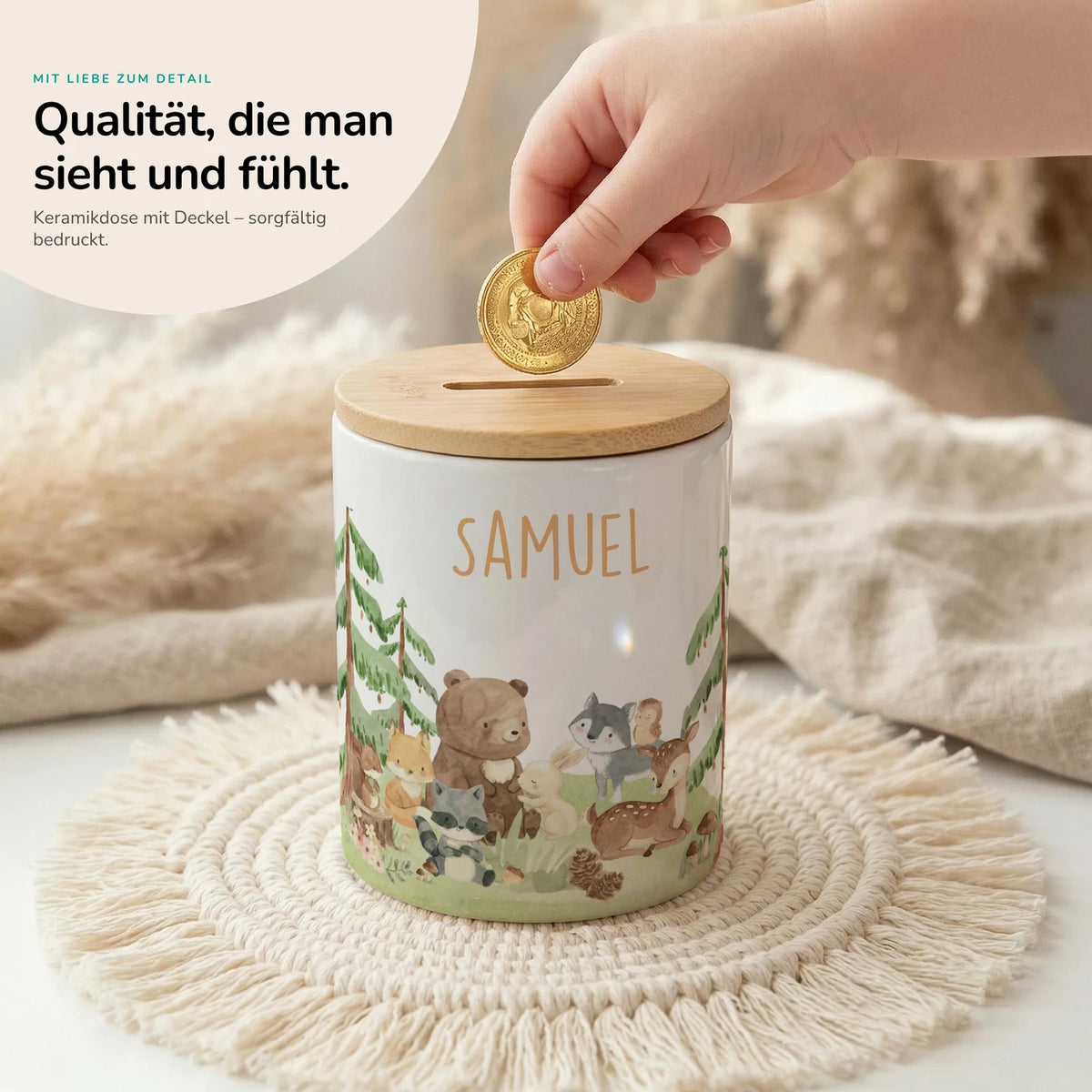 Personalisierte Spardose Waldfreunde II – Keramik & Bambus mit Wunschname