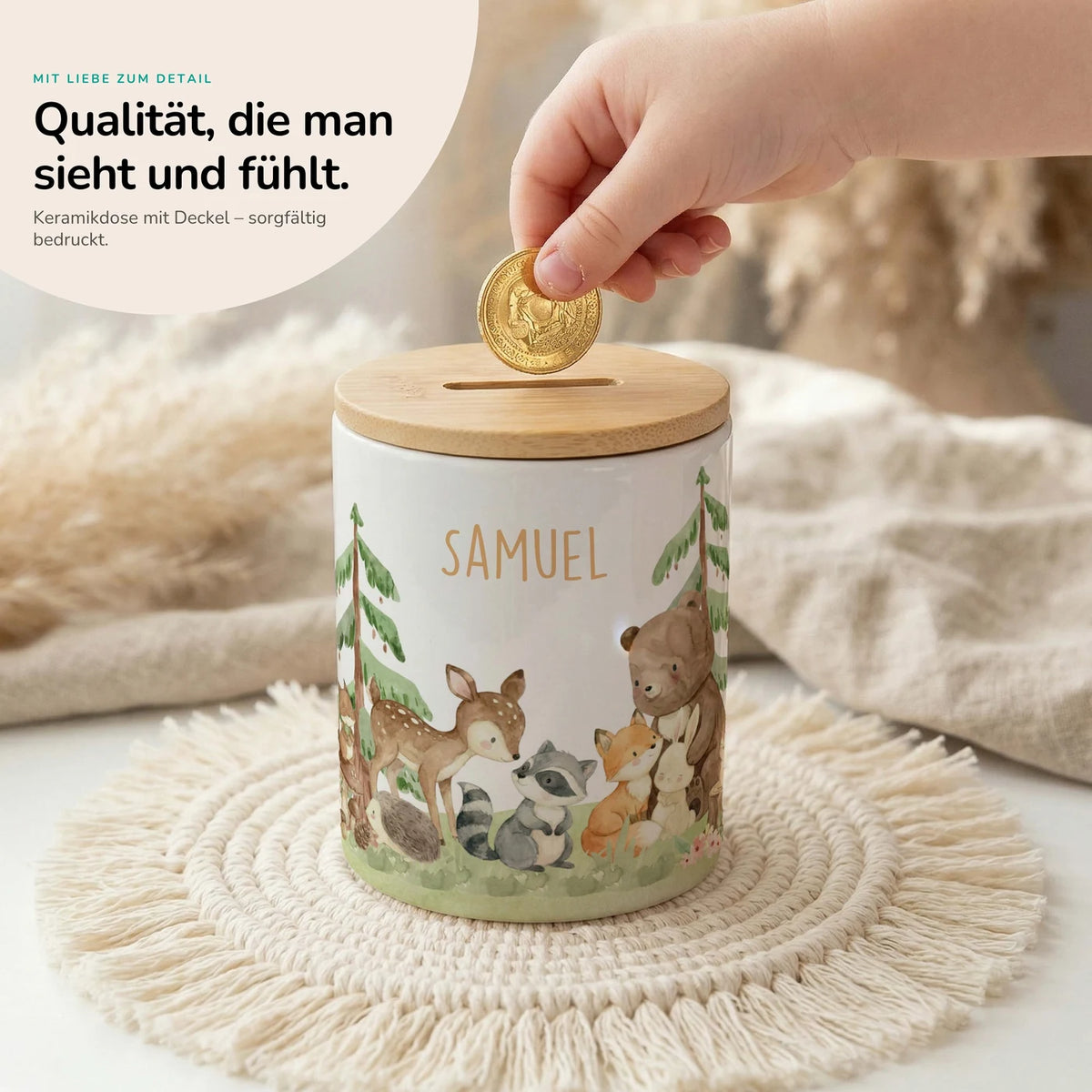 Personalisierte Spardose Waldfreunde III – Keramik & Bambus mit Wunschname