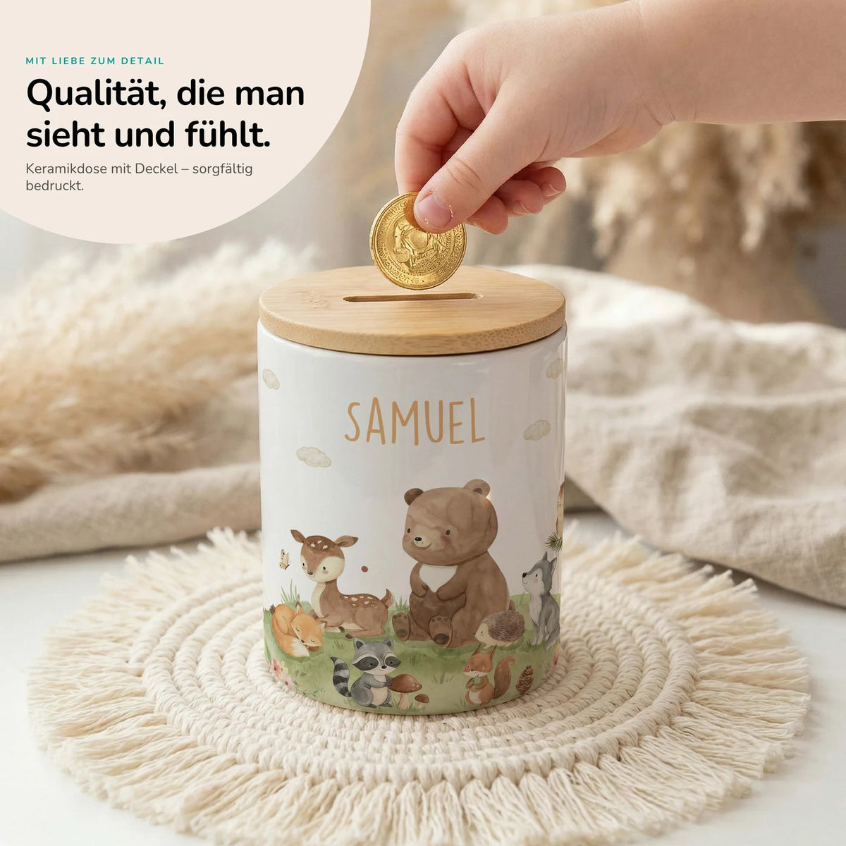 Personalisierte Spardose Waldfreunde VI – Keramik & Bambus mit Wunschname