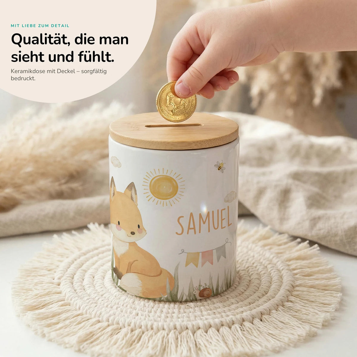 Personalisierte Spardose Fuchs Sommer – Keramik & Bambus mit Wunschname
