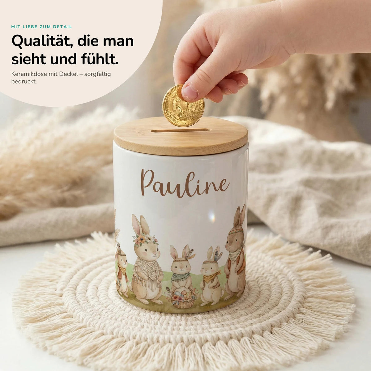 Personalisierte Spardose Boho-Hasen – Keramik & Bambus mit Wunschname