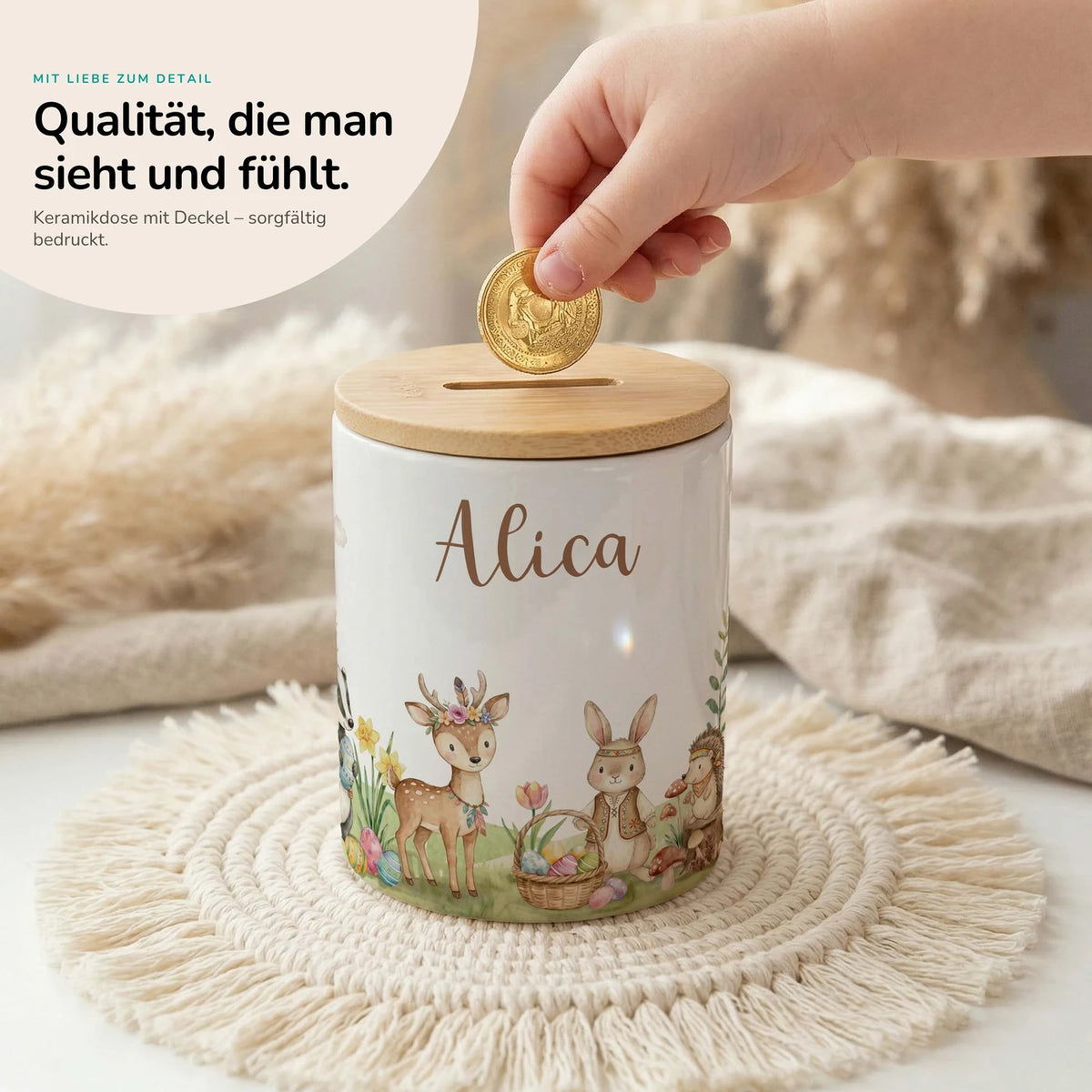 Personalisierte Spardose Ostern Waldtiere-Treff – Keramik & Bambus mit Wunschname