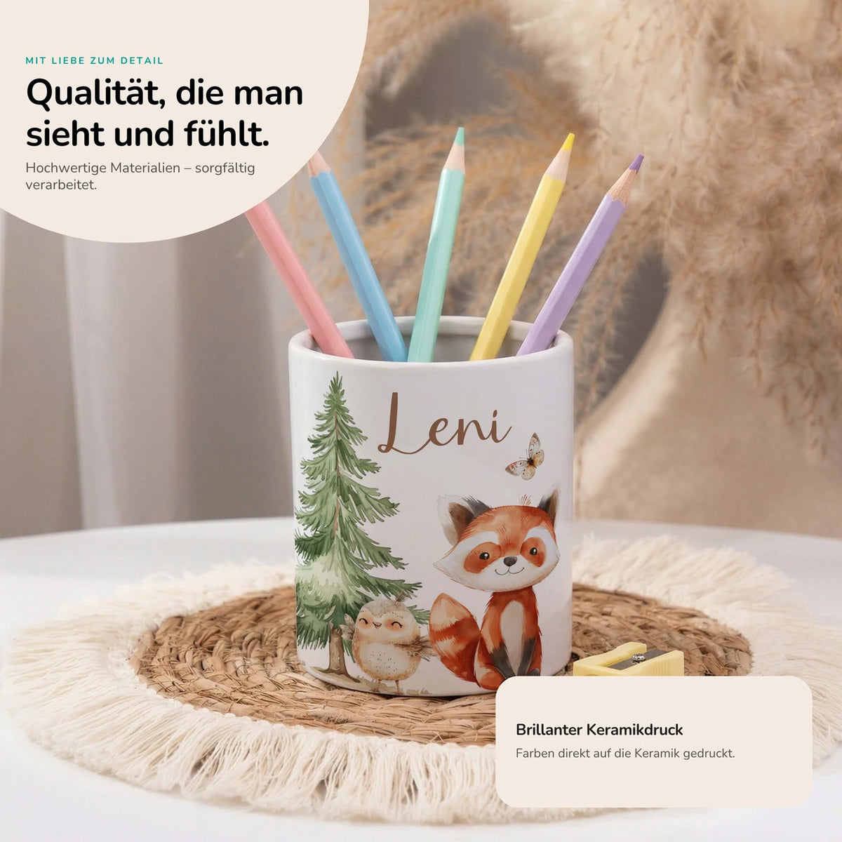 Personalisierter Stiftehalter Roter Panda & Eule – Keramik mit Wunschname