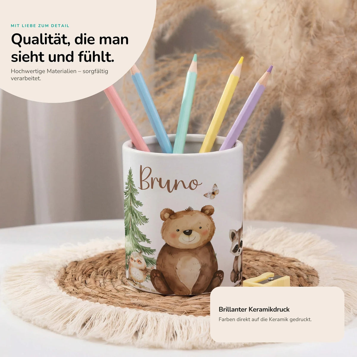 Personalisierter Stiftehalter BĂ€r & WaschbĂ€r â Keramik mit Wunschname