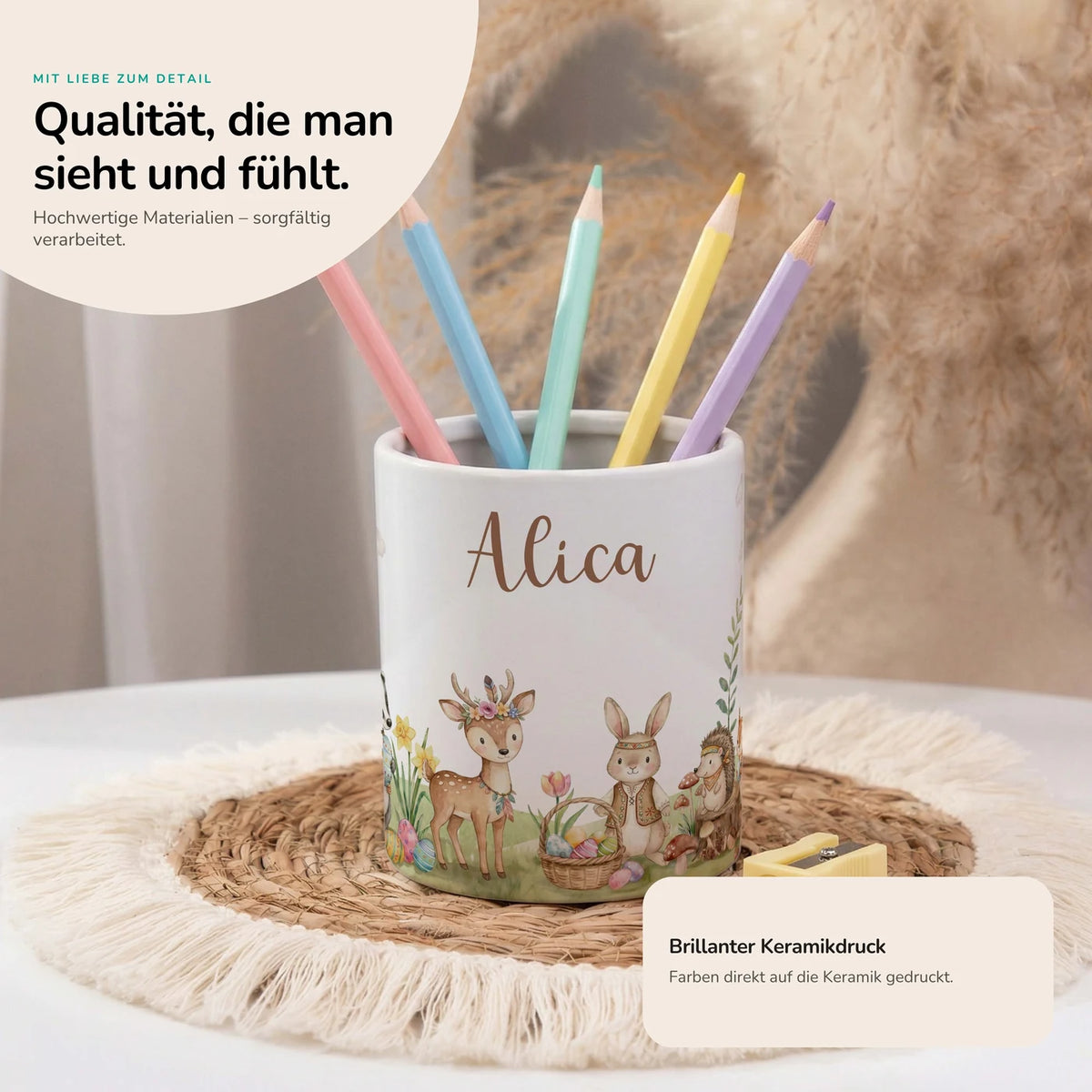 Personalisierter Stiftehalter Ostern Waldtiere-Treff â mit Wunschname