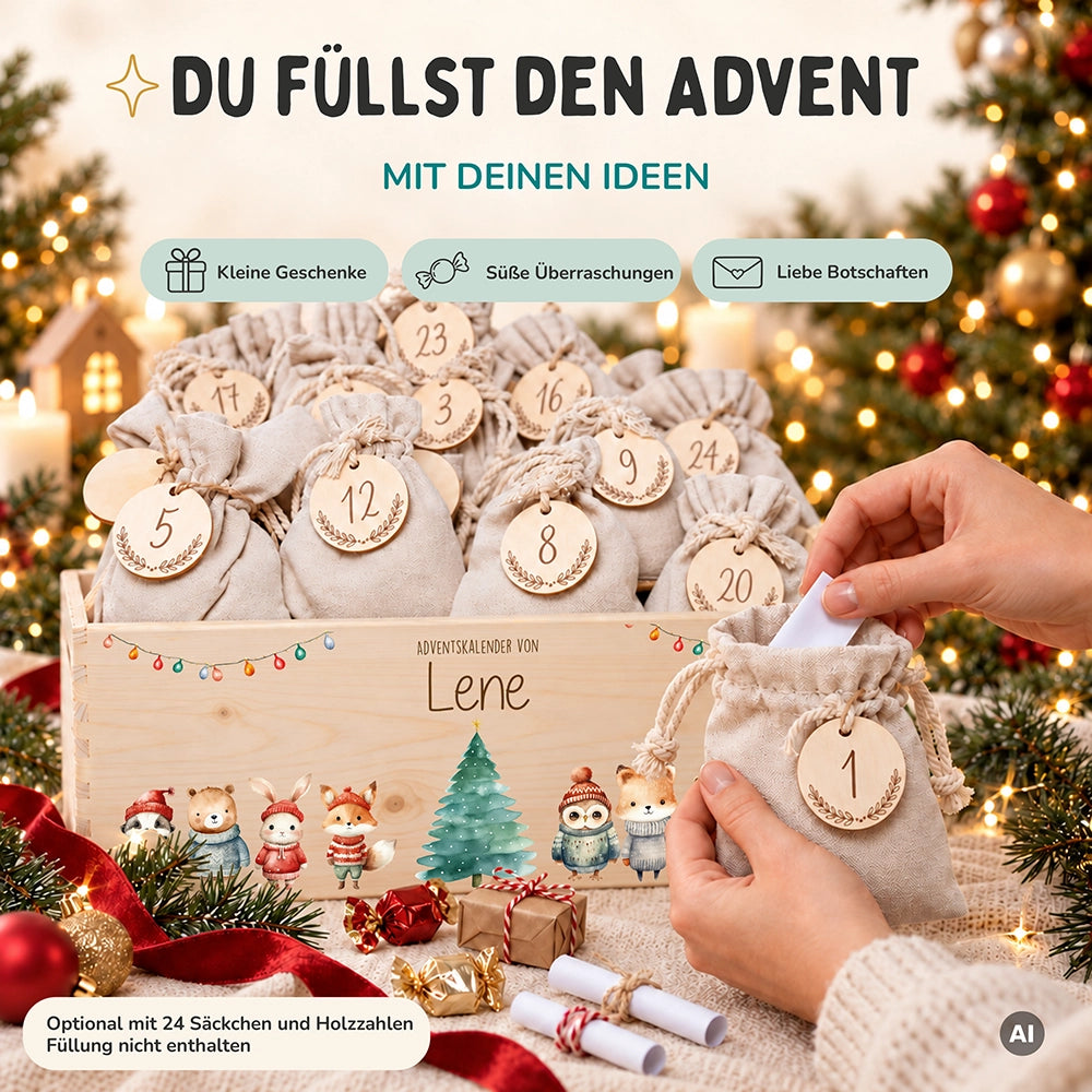 Adventskalender zum Befüllen "Weihnachten mit Tieren und Lichterkette" personalisiert