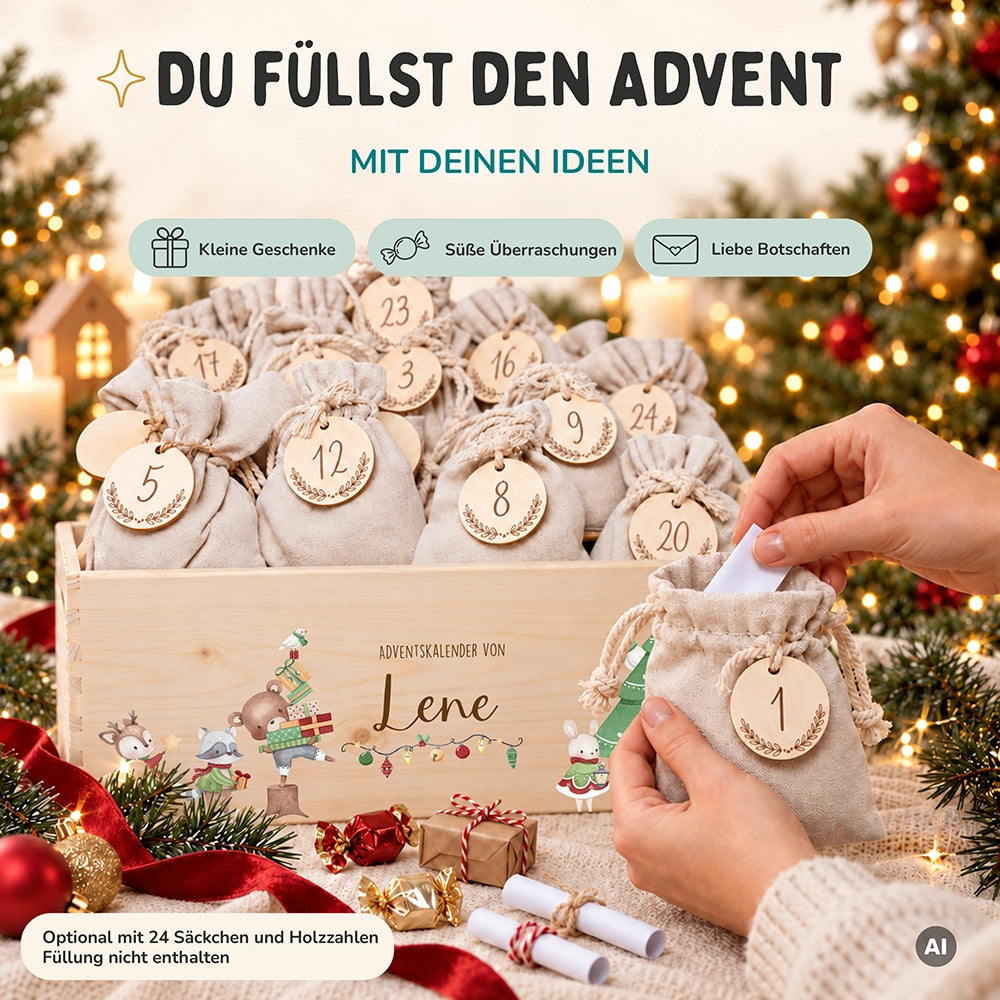 Adventskalender zum Befüllen "Tiere und Weihnachtsbaum" personalisiert