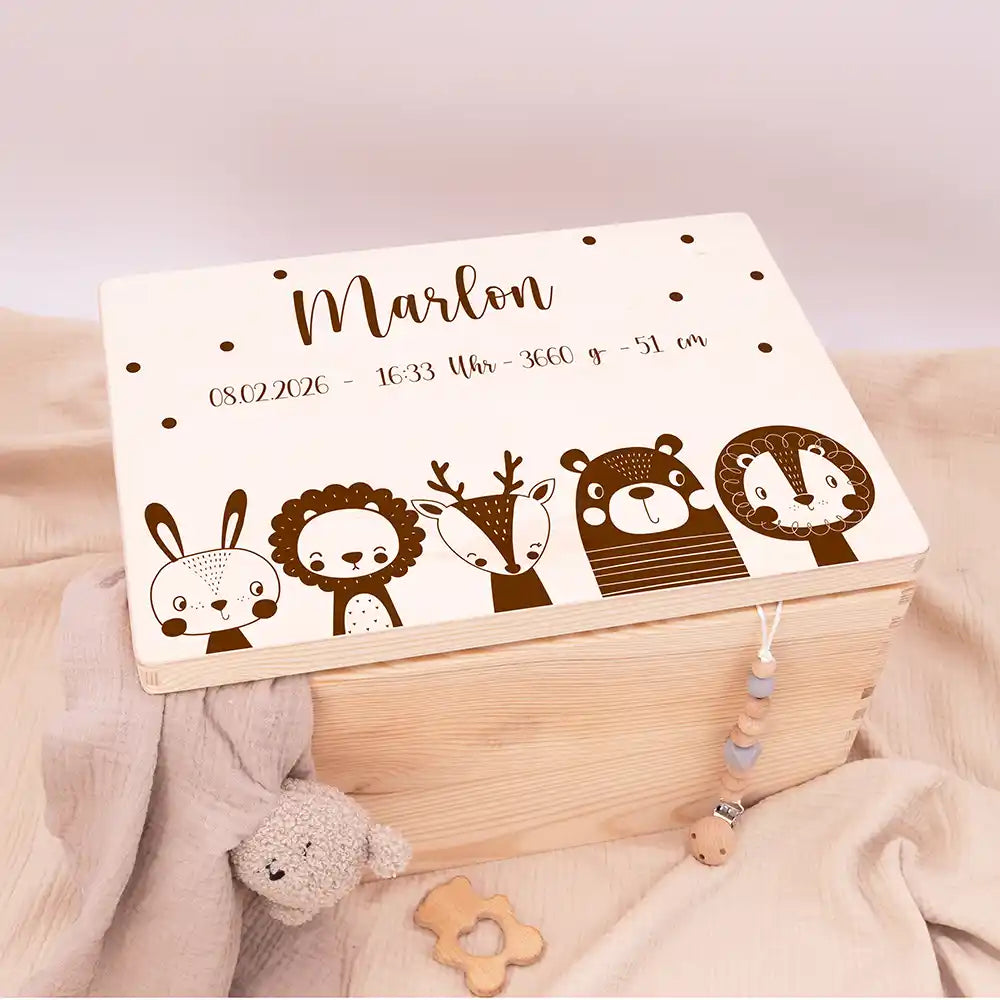 Erinnerungsbox Baby, Erinnerungskiste Baby - Tierfamilie graviert