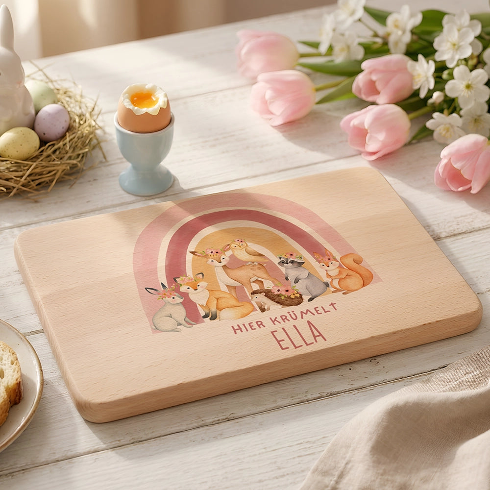 Frühstücksbrettchen Holz personalisiert - Regenbogen Waldtiere
