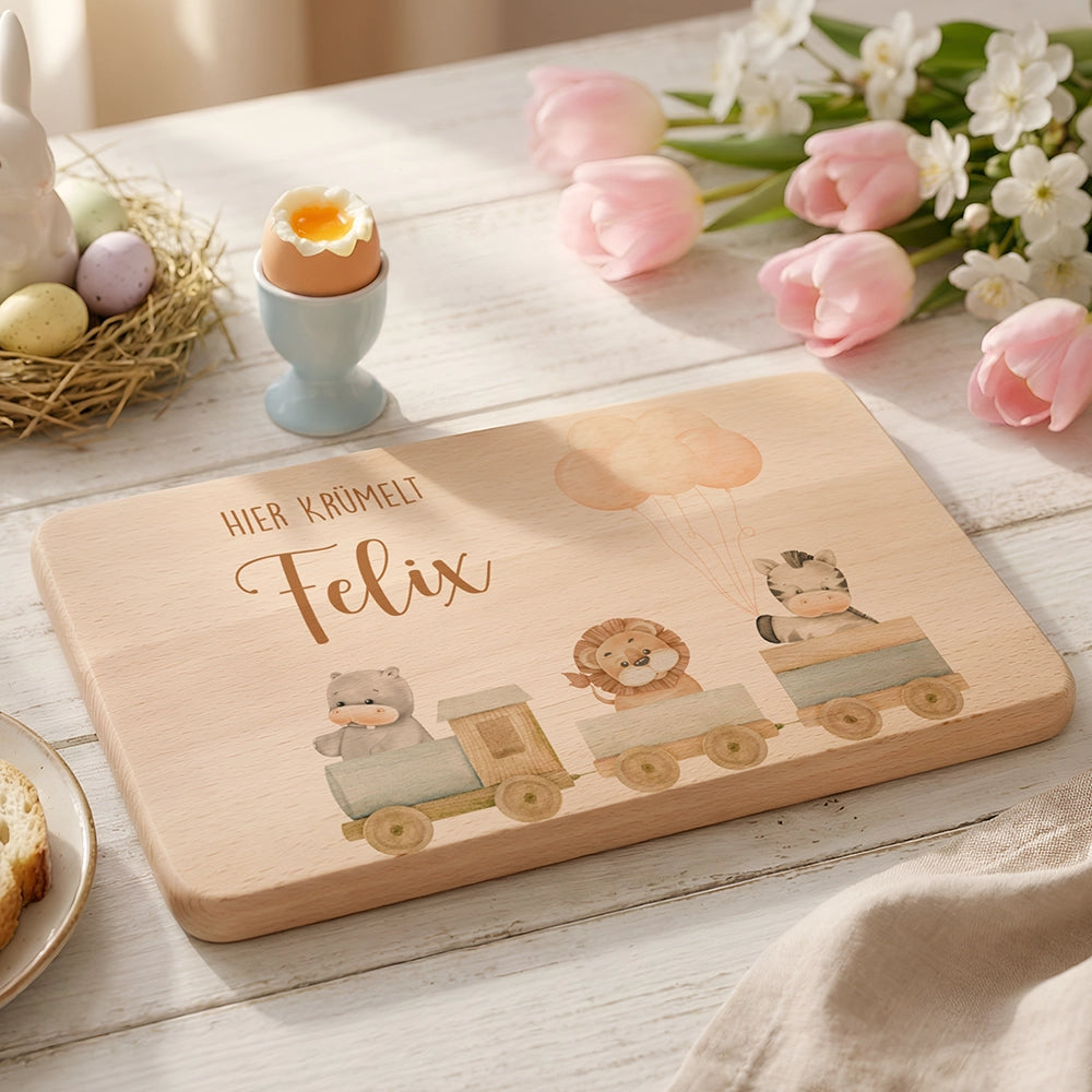 Frühstücksbrettchen Holz personalisiert Tiere Eisenbahn