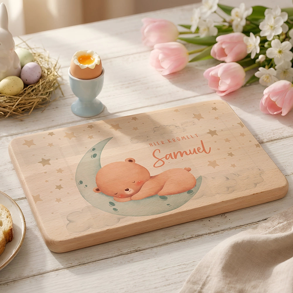 Frühstücksbrettchen Holz personalisiert - Baby Bär