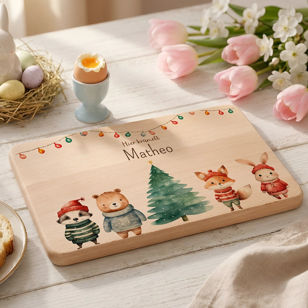 Frühstücksbrettchen Weihnachten mit Tieren und Lichterkette - Geschenk Weihnachten