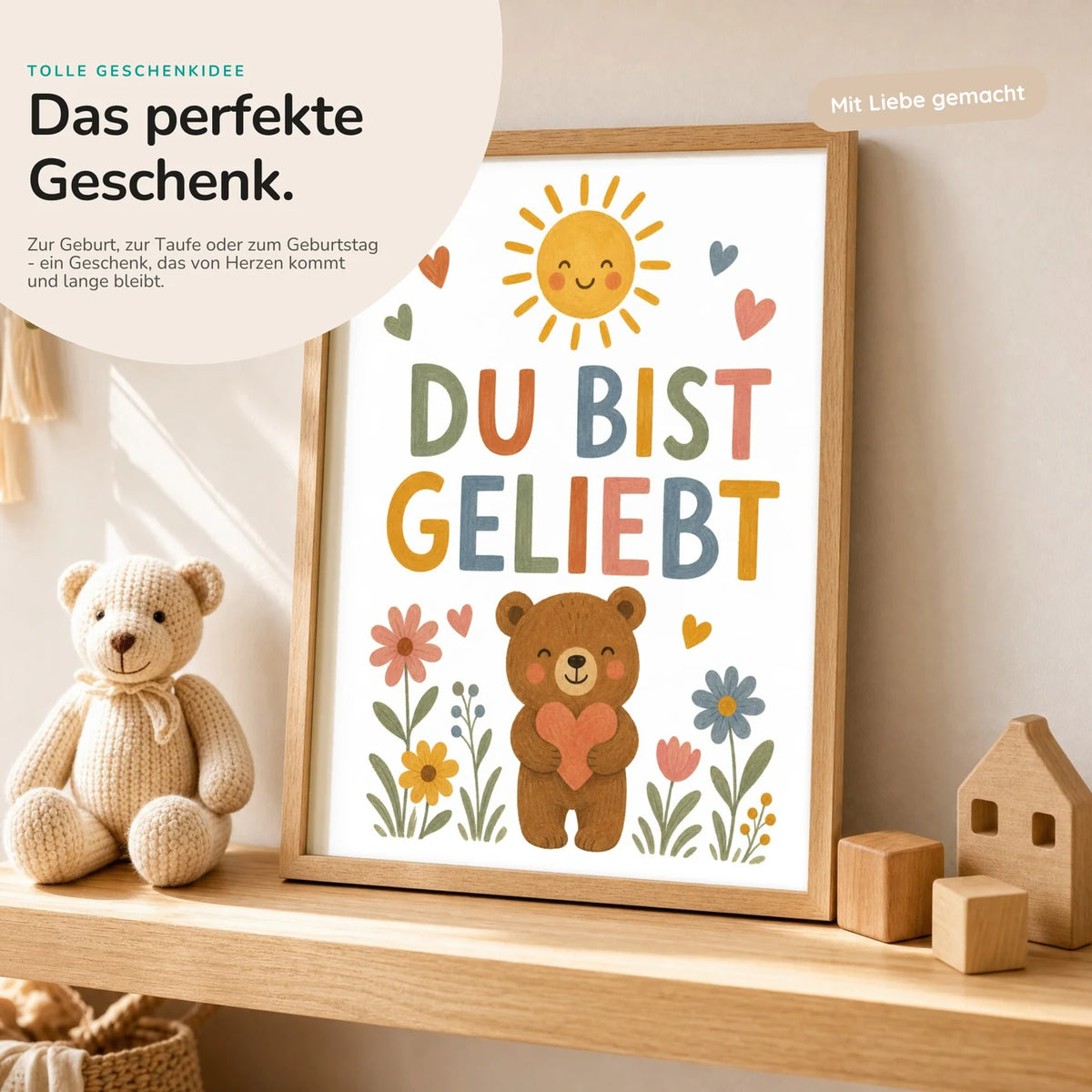 Affirmationsposter âBĂ€r Du bist geliebtâ mit Teddy â Geschenk zur Geburt oder Taufe