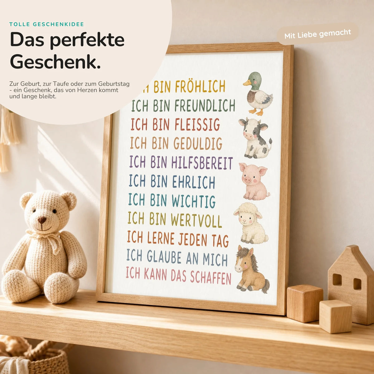 Affirmationsposter „Bauernhoftiere“ mit Teddy – Geschenk zur Geburt oder Taufe