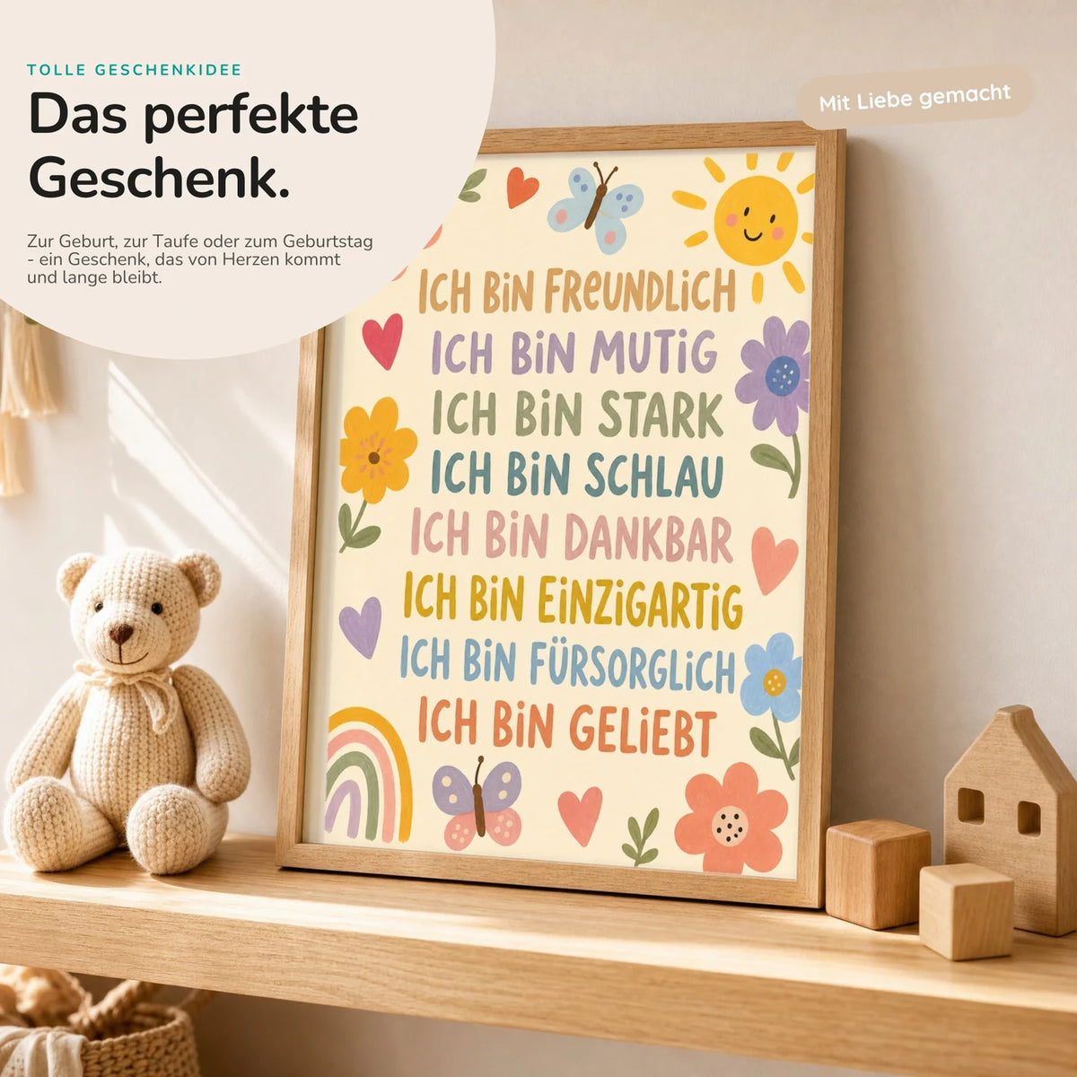 Affirmationsposter âBlumenwiese Ich bin freundlichâ mit Teddy â Geschenk zur Geburt oder Taufe