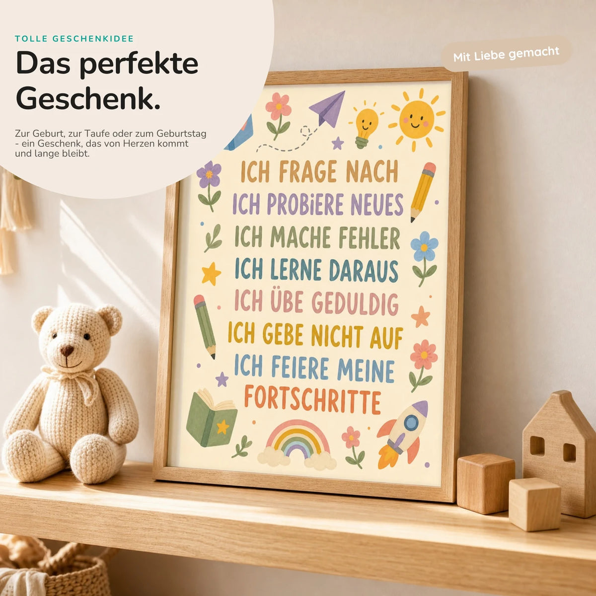 Affirmationsposter âBlumenwiese Ich frage nachâ mit Teddy â Geschenk zur Geburt oder Taufe
