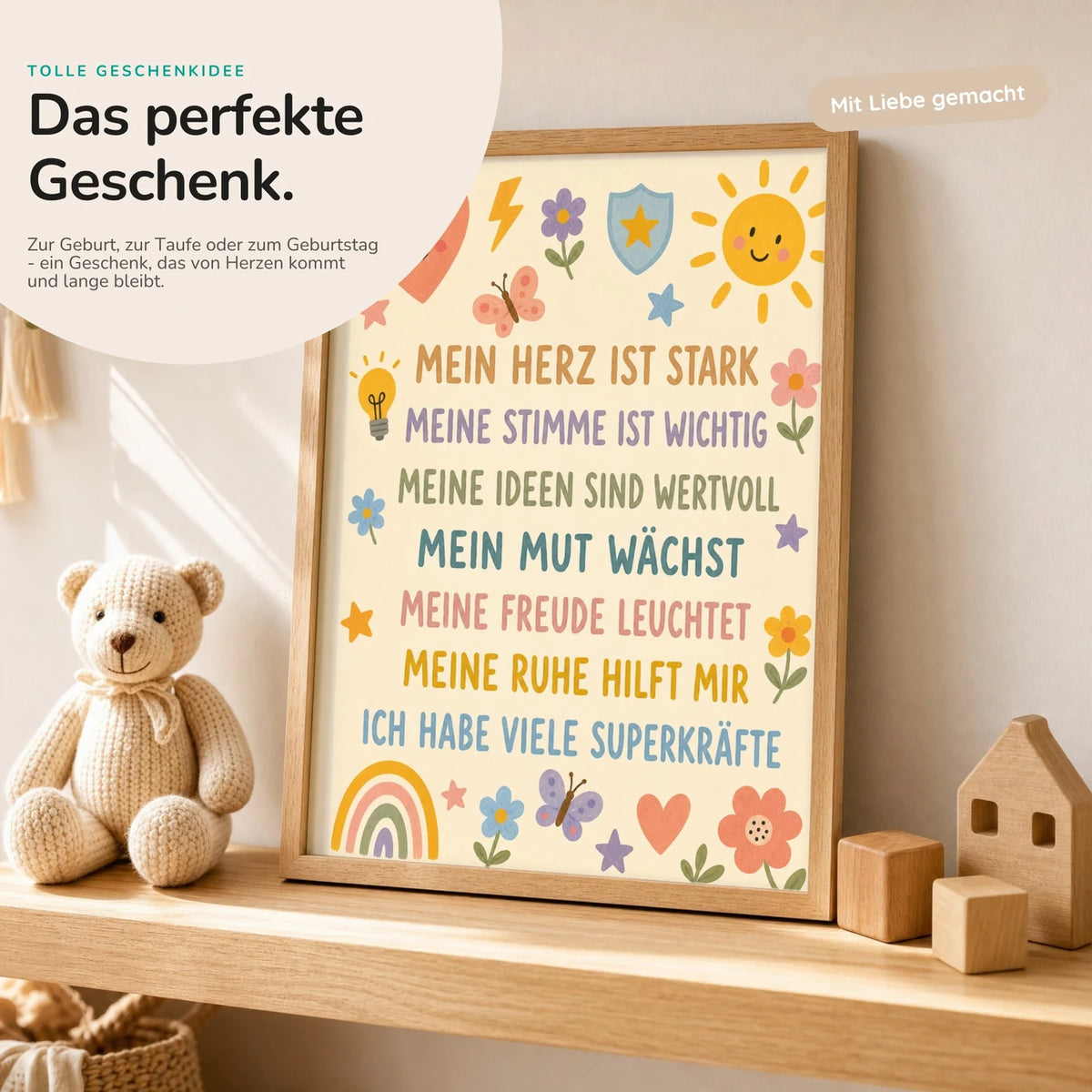 Affirmationsposter âBlumenwiese SuperkrĂ€fteâ mit Teddy â Geschenk zur Geburt oder Taufe
