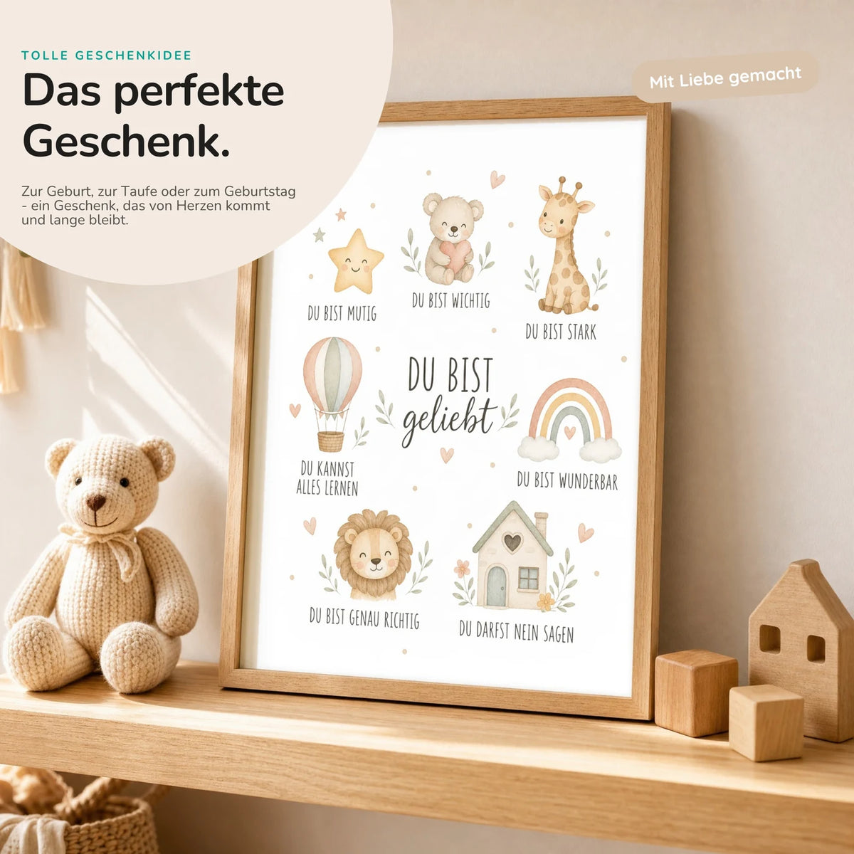 Affirmationsposter âCollage Du bist geliebtâ mit Teddy â Geschenk zur Geburt oder Taufe