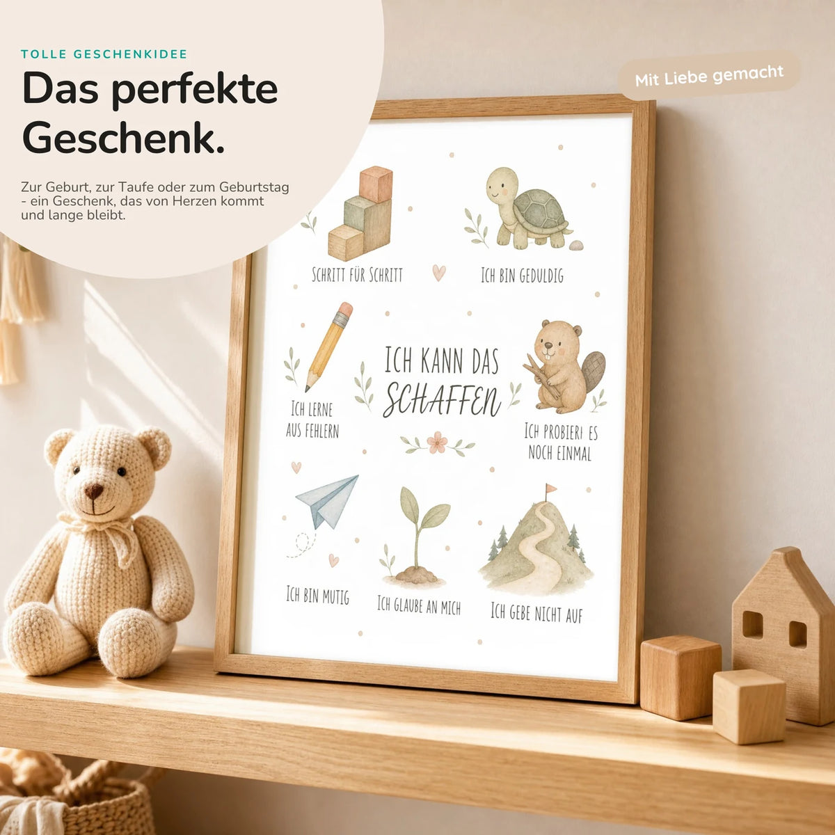 Affirmationsposter âCollage Ich kann das schaffenâ mit Teddy â Geschenk zur Geburt oder Taufe
