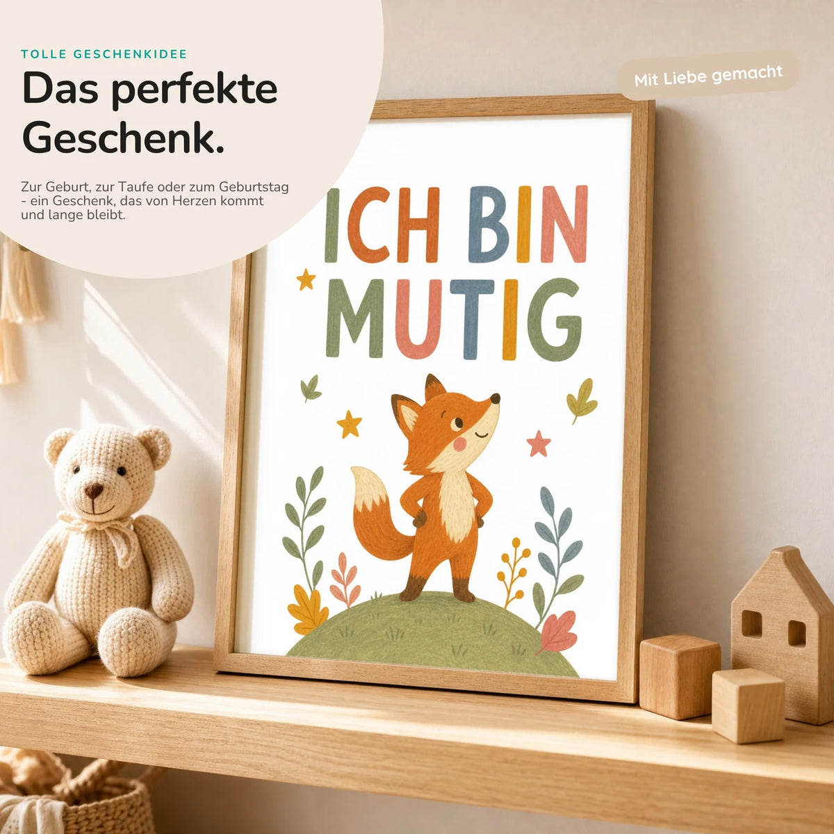 Affirmationsposter âFuchs Ich bin mutigâ mit Teddy â Geschenk zur Geburt oder Taufe
