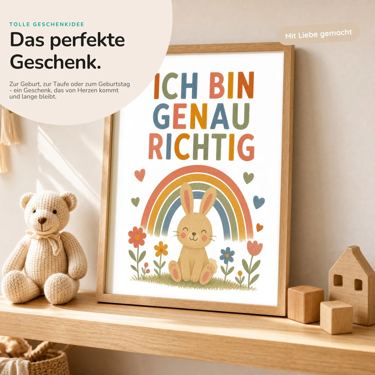 Affirmationsposter âHase Ich bin genau richtigâ mit Teddy â Geschenk zur Geburt oder Taufe