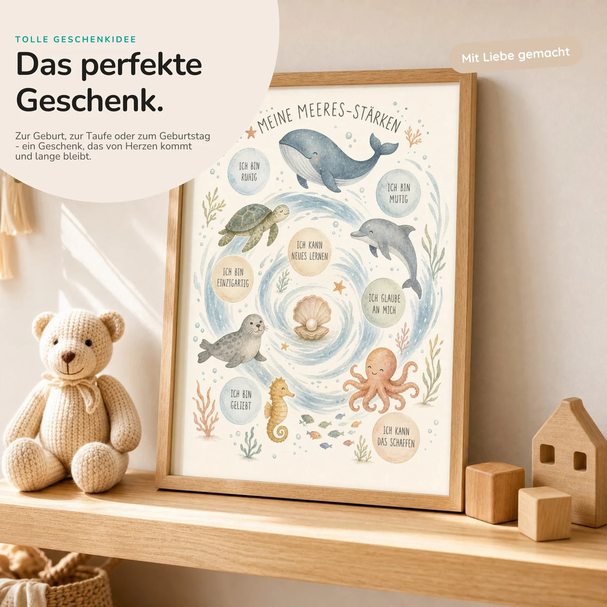 Affirmationsposter âMeeres-StĂ€rkenâ mit Teddy â Geschenk zur Geburt oder Taufe