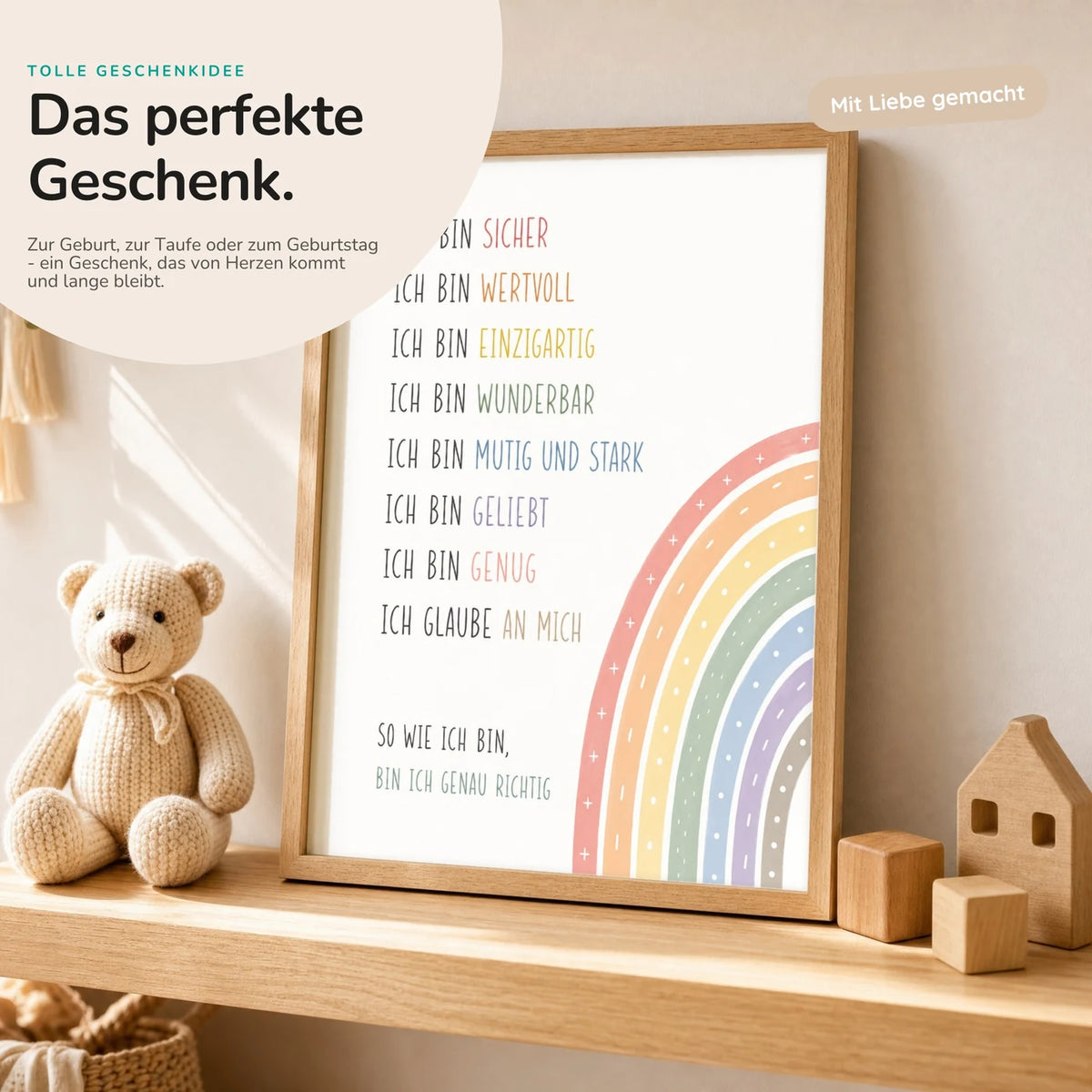 Affirmationsposter âMinimal Ich binâ mit Teddy â Geschenk zur Geburt oder Taufe