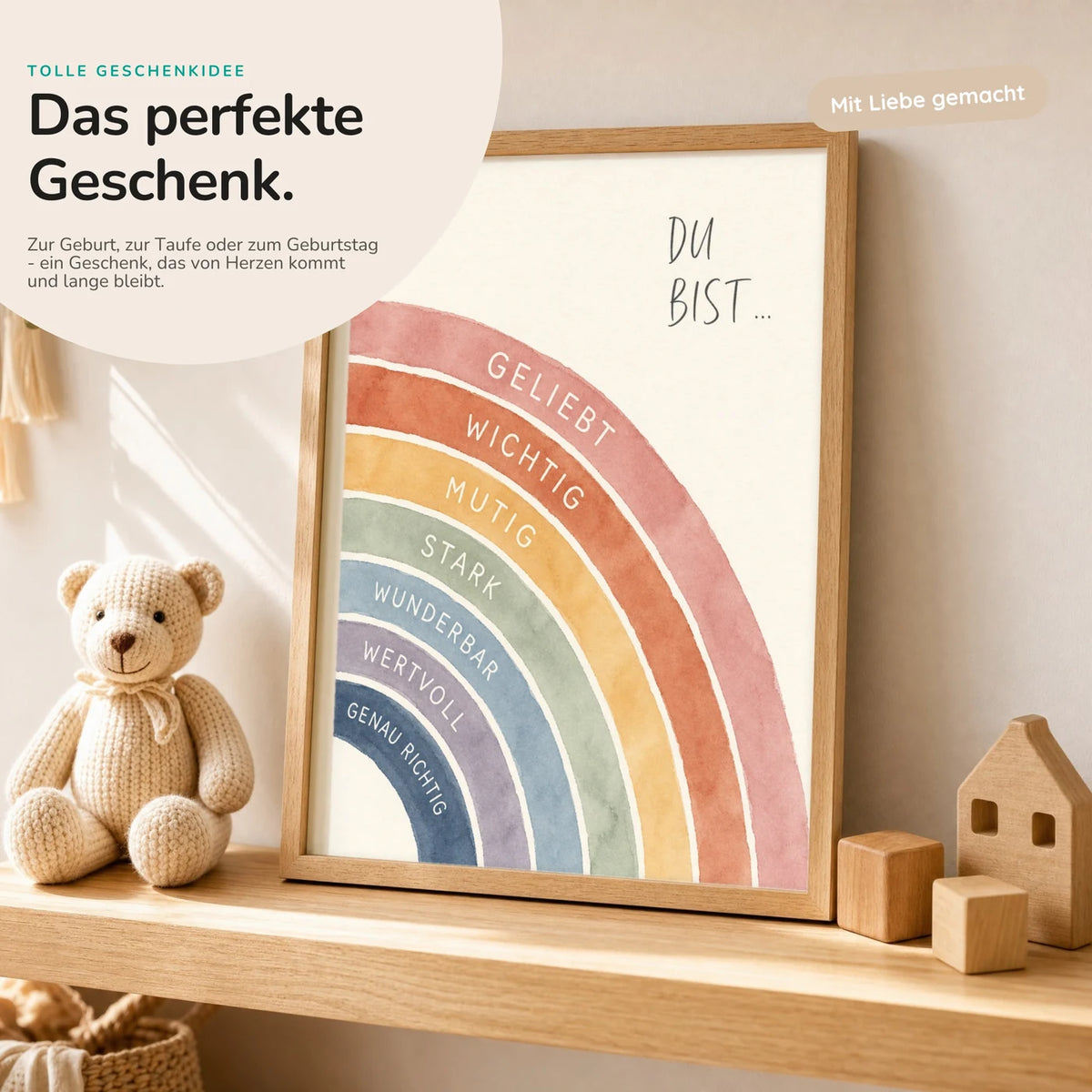 Affirmationsposter âRegenbogen Du bistâ mit Teddy â Geschenk zur Geburt oder Taufe