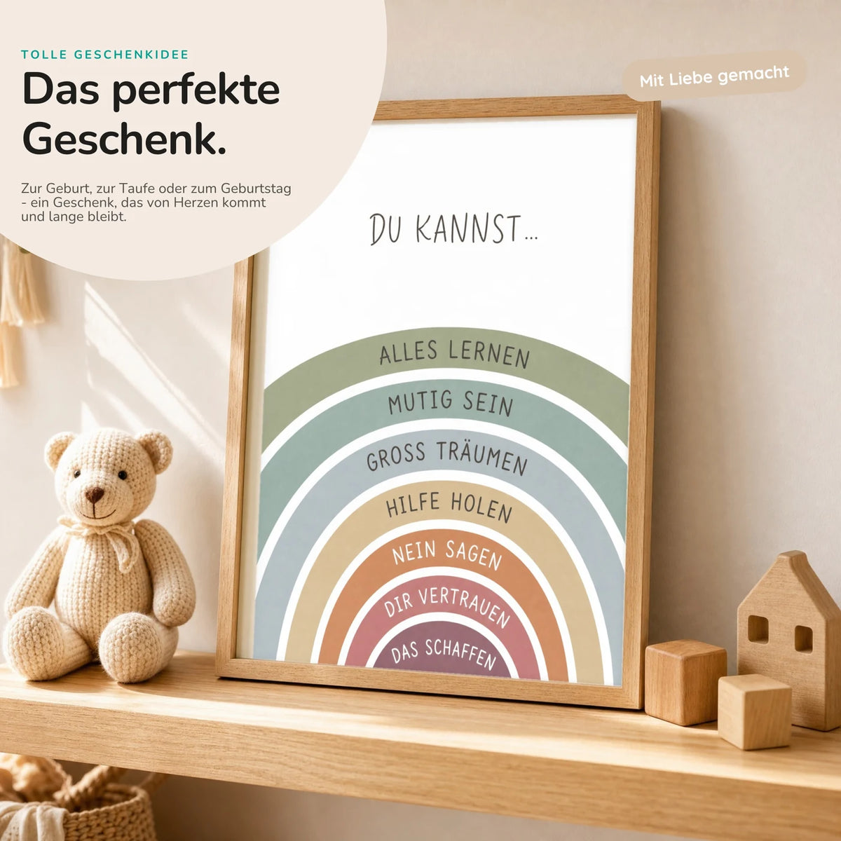 Affirmationsposter âRegenbogen Du kannstâ mit Teddy â Geschenk zur Geburt oder Taufe