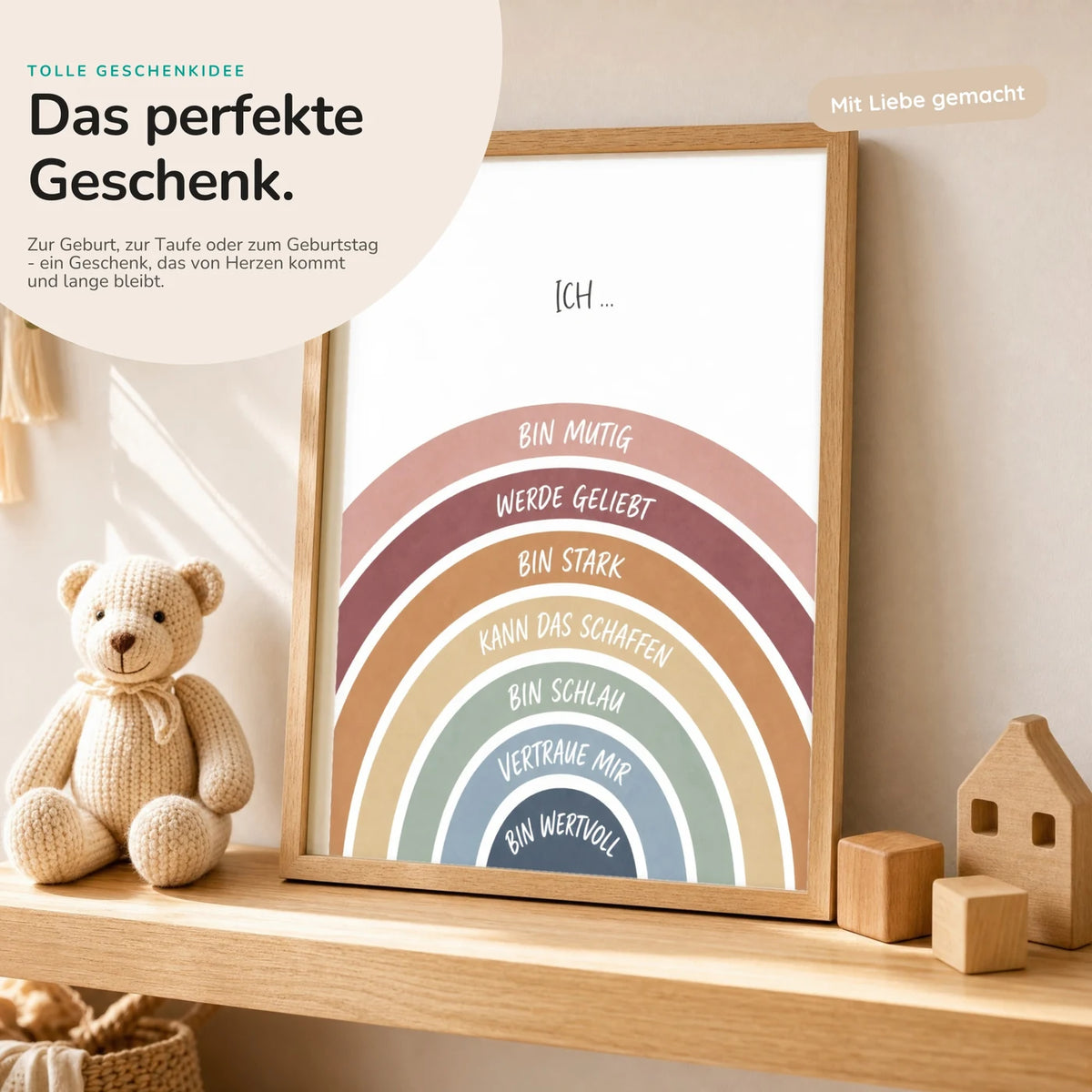 Affirmationsposter âRegenbogen Ich bin mutigâ mit Teddy â Geschenk zur Geburt oder Taufe