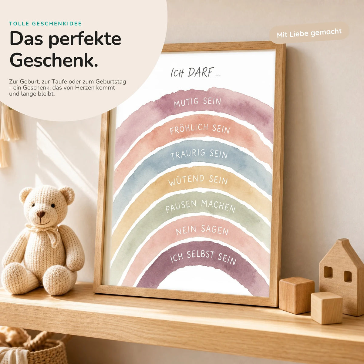 Affirmationsposter âRegenbogen Ich darfâ mit Teddy â Geschenk zur Geburt oder Taufe