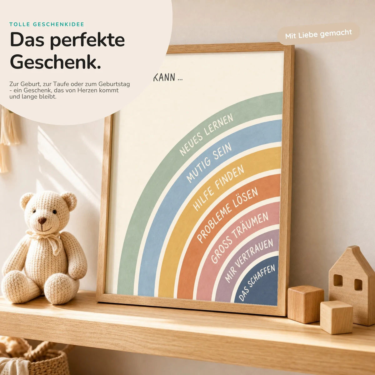 Affirmationsposter âRegenbogen Ich kann vielâ mit Teddy â Geschenk zur Geburt oder Taufe