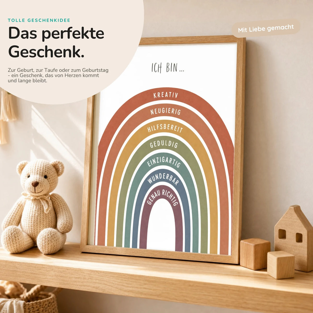 Affirmationsposter „Regenbogen Terracotta“ mit Teddy – Geschenk zur Geburt oder Taufe