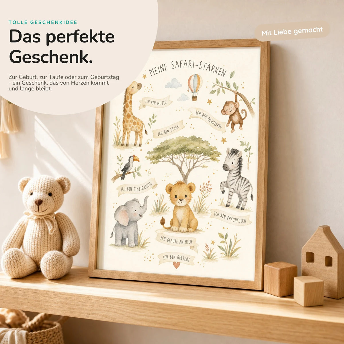 Affirmationsposter âSafari-StĂ€rkenâ mit Teddy â Geschenk zur Geburt oder Taufe
