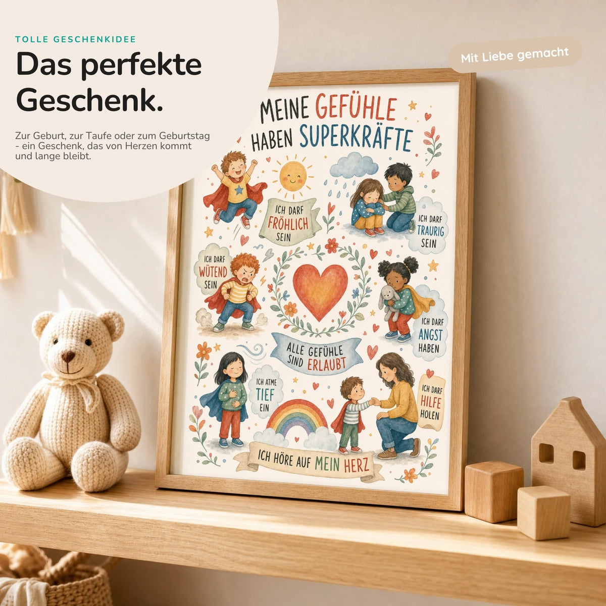 Affirmationsposter „Wimmelbild Gefühle“ mit Teddy – Geschenk zur Geburt oder Taufe