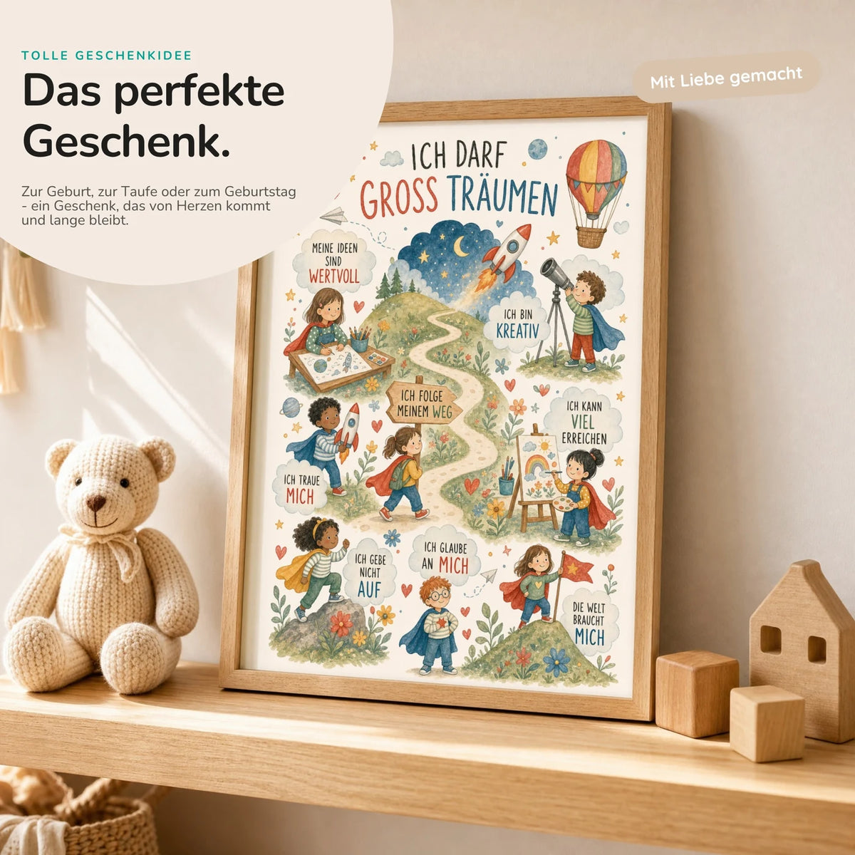 Affirmationsposter âWimmelbild GroĂ trĂ€umenâ mit Teddy â Geschenk zur Geburt oder Taufe