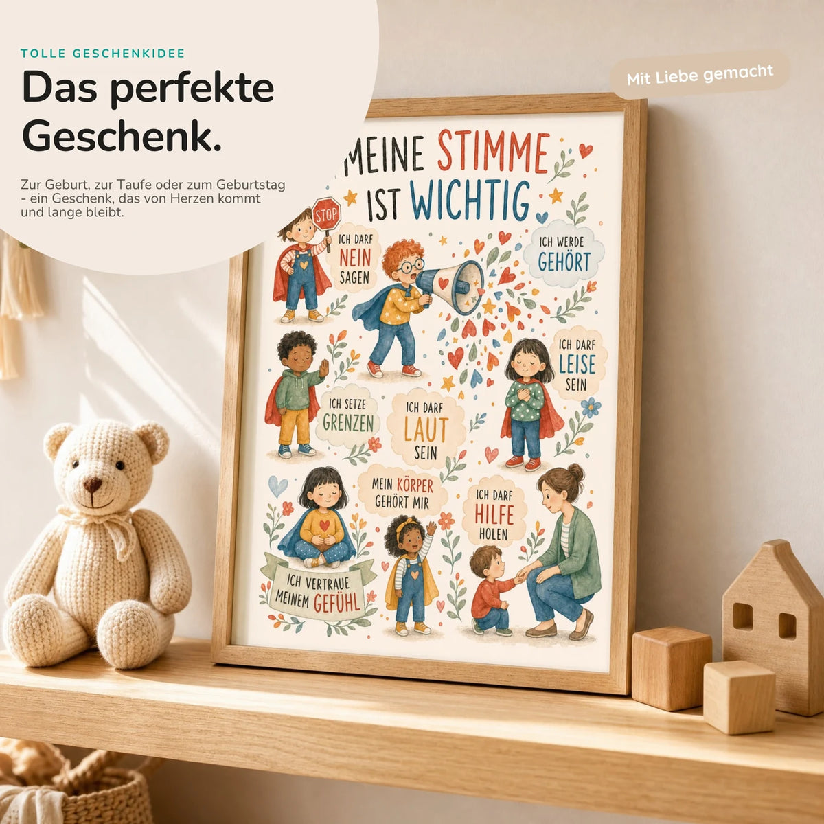 Affirmationsposter âWimmelbild Meine Stimmeâ mit Teddy â Geschenk zur Geburt oder Taufe
