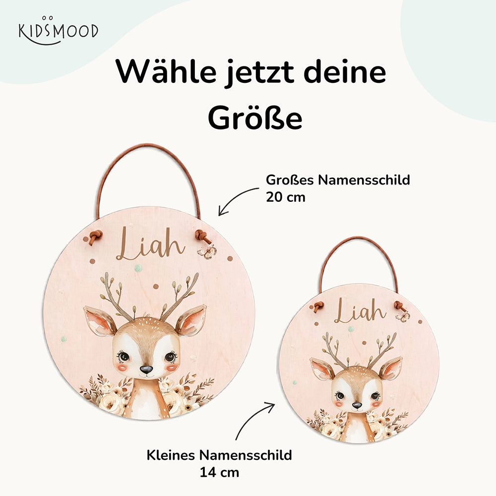 Türschild Kinderzimmer personalisiert mit Name Hirsch mit Blumen