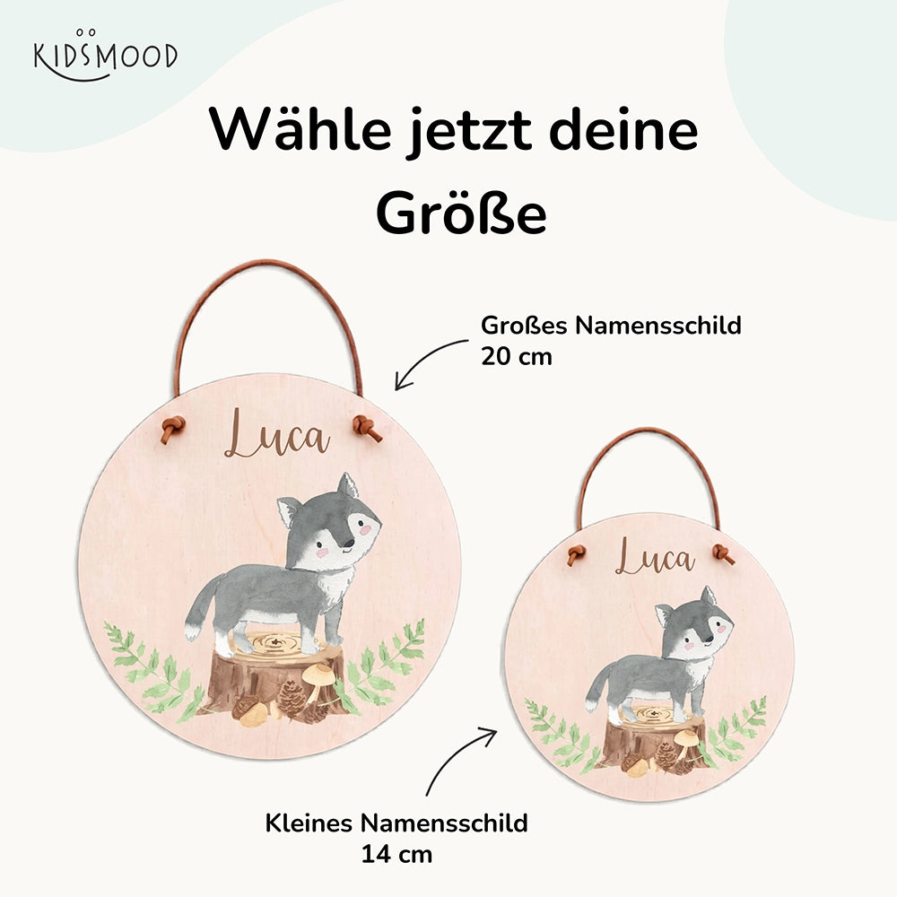 Türschild Kinderzimmer personalisiert mit Name Wolf im Wald