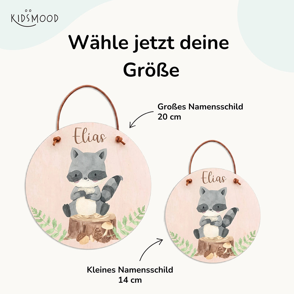 TĂŒrschild Kinderzimmer personalisiert mit Name WaschbĂ€r im Wald