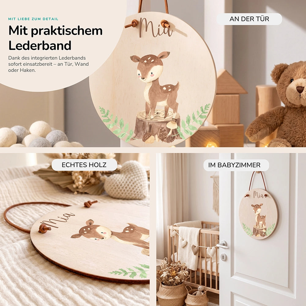 Türschild Kinderzimmer personalisiert mit Name Reh im Wald