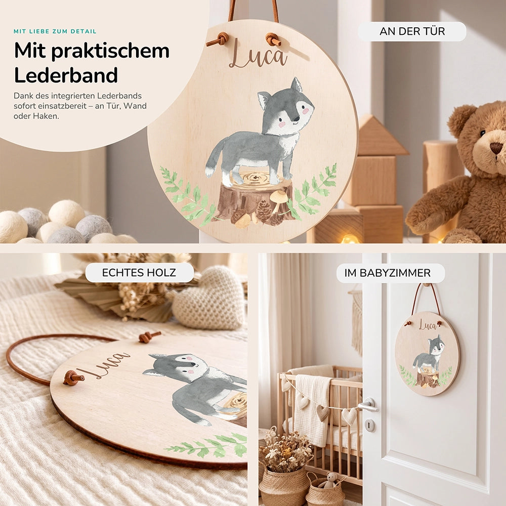 Türschild Kinderzimmer personalisiert mit Name Wolf im Wald