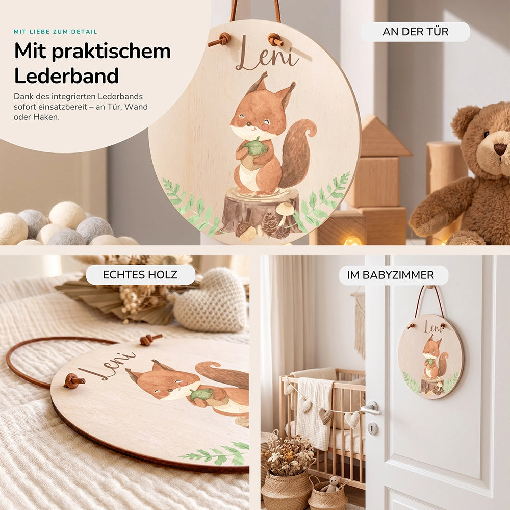 Türschild Kinderzimmer personalisiert mit Name Eichhörnchen im Wald