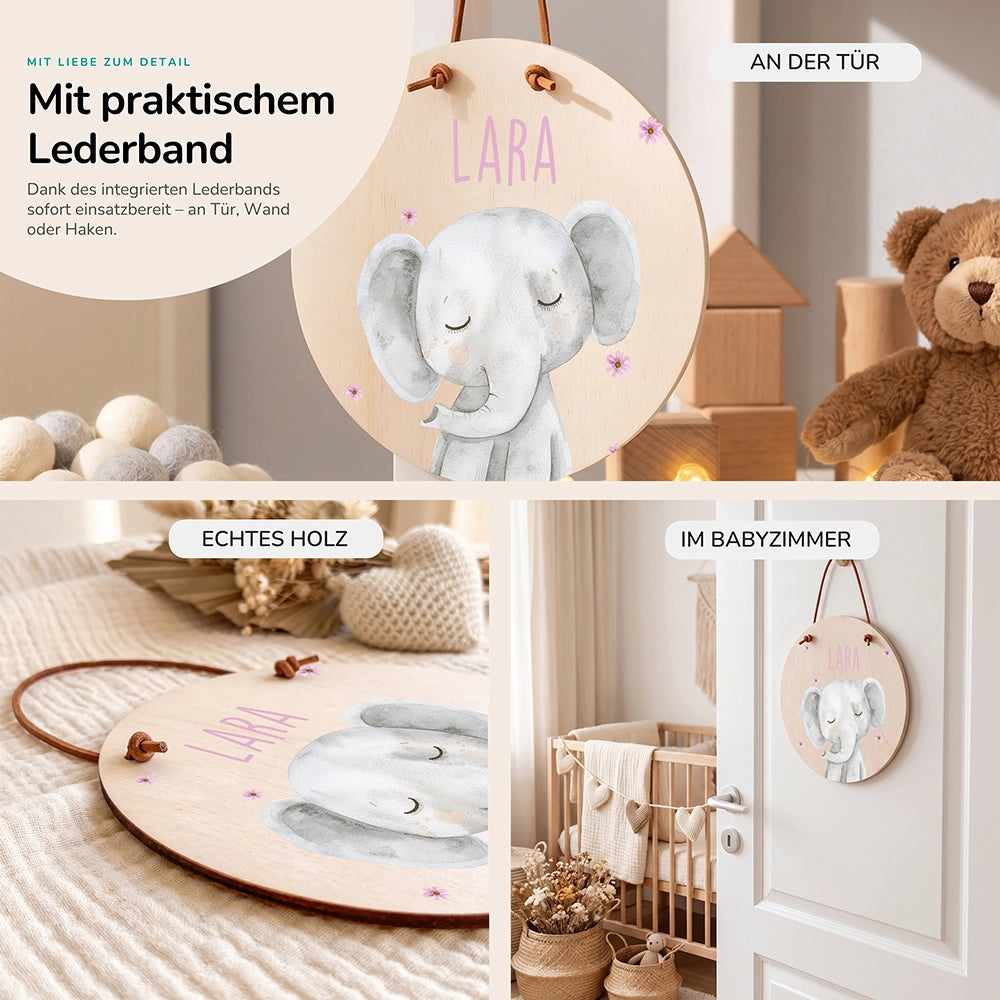 Türschild Kinderzimmer personalisiert mit Name Elefant mit Blüten