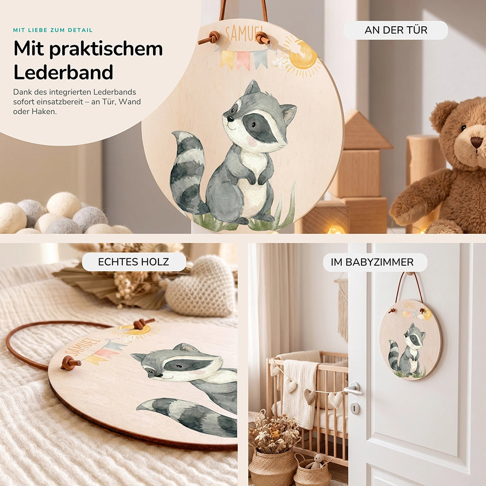TĂŒrschild Kinderzimmer personalisiert WaschbĂ€r mit Wimpelkette