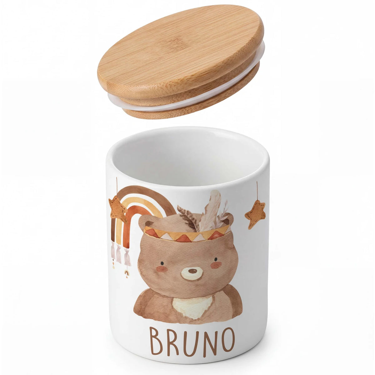 Personalisierte Keksdose Boho-BĂ€r â Keramik & Bambus mit Wunschname