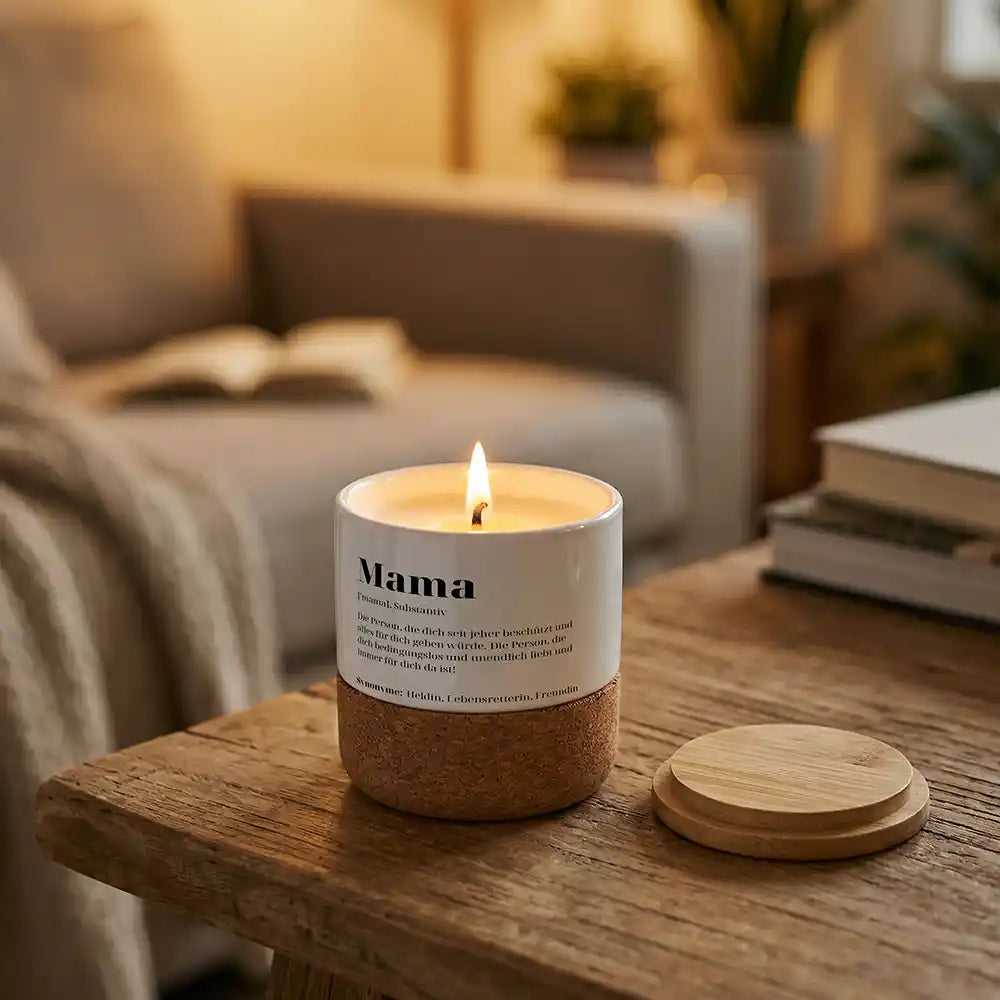 Duftkerze Vanille Keramik Mama Definition â abnehmbarer Bambusdeckel Detail