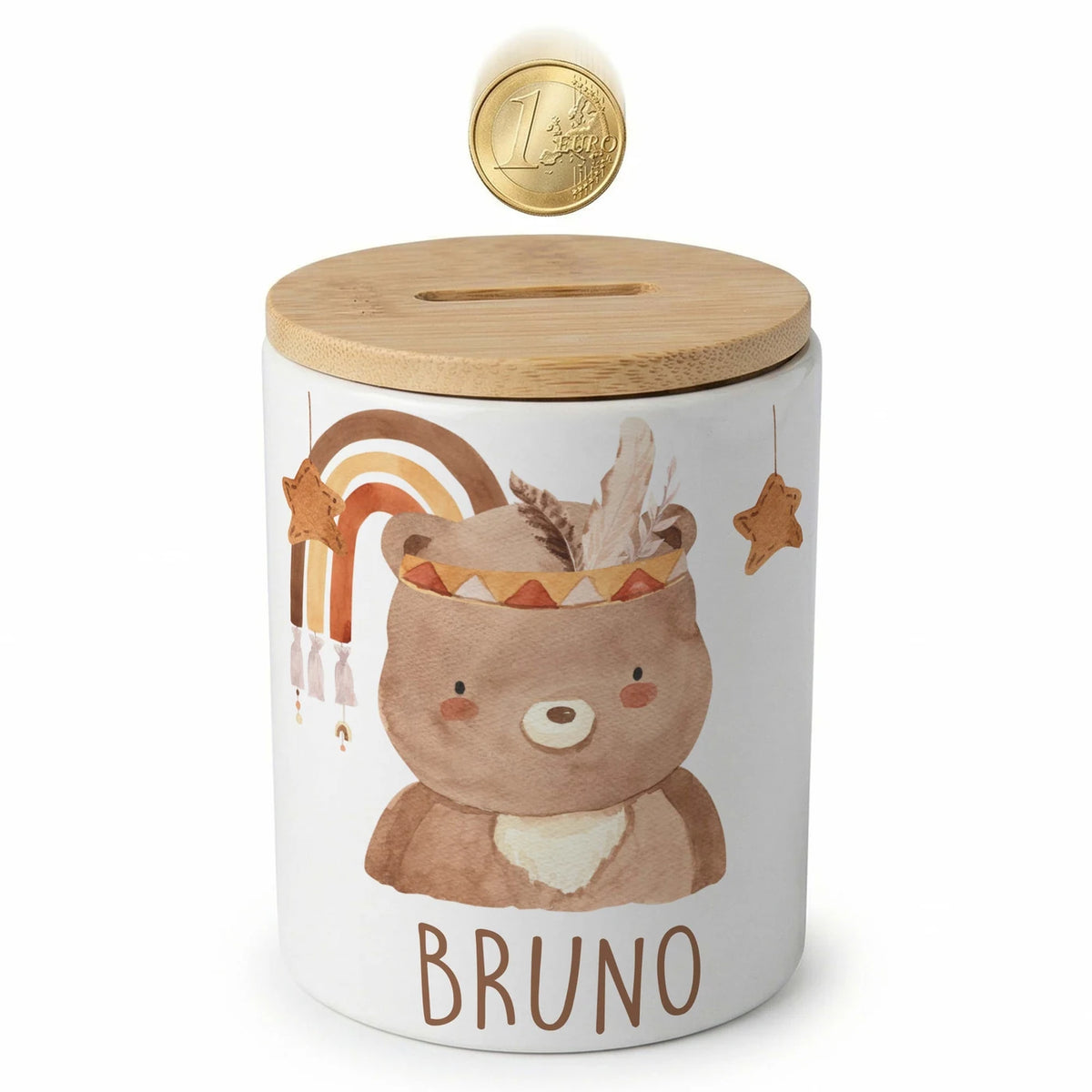 Personalisierte Spardose Boho-BĂ€r â Keramik & Bambus mit Wunschname